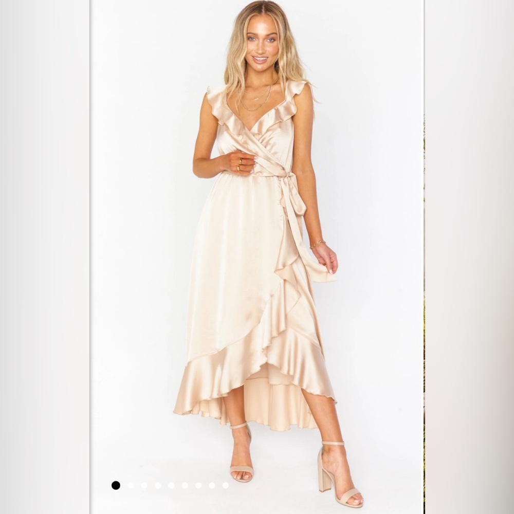Show Me Your MuMu Samantha Ruffle Wrap Dress Size Medium Champagne Midi